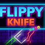 Barevný neonový nápis s textem FLIPPY KNIFE neon na tmavém cihlovém pozadí