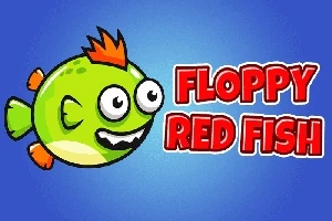 Zelená kreslená ryba s oranžovou ploutví a textem „Floppy Red Fish“ na modrém pozadí