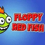 Zelená kreslená ryba s oranžovou ploutví a textem „Floppy Red Fish“ na modrém pozadí