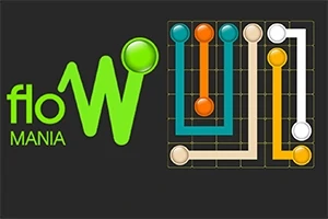 Název floW MANIA vedle hrací mřížky s propojenými barevnými body na tmavém pozadí