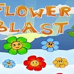 Barevné kreslené květiny s obličeji a nápisem Flower Blast na modrém pozadí