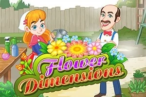 Dívka s konví a muž s motýlkem stojí vedle nápisu Flower Dimensions obklopeného květinami v zahradě