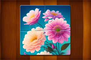 Puzzle se čtyřmi dílky zobrazující růžové a oranžové květiny na modrém pozadí