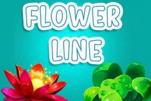 Nápis Flower Line na modrém pozadí s červenou květinou vlevo a zelenou rostlinou vpravo