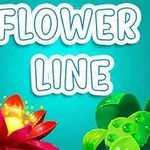 Nápis Flower Line na modrém pozadí s červenou květinou vlevo a zelenou rostlinou vpravo
