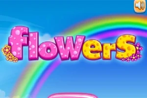 Barevný nápis flowers s duhou v pozadí na modré obloze