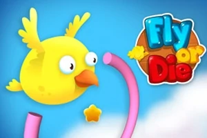 Žlutý pták letí kolem růžové překážky směrem k malé hvězdě na modrém pozadí s logem Fly or Die