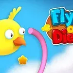 Žlutý pták letí kolem růžové překážky směrem k malé hvězdě na modrém pozadí s logem Fly or Die