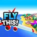 Velké dopravní letadlo letící nad mořem směrem k ostrovu s nápisem „FLY THIS!