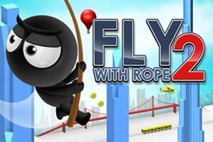 Černá postavička na laně v městském prostředí s výrazným nápisem FLY WITH ROPE 2