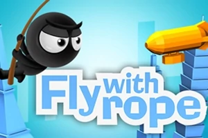 Kreslená postavička v černém s očima držící lano s nápisem Fly with rope na pozadí městských budov a oranžové vzducholodi