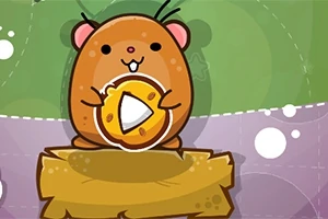 Kreslený hnědý křeček s růžovými ušima drží plátek sýra na dřevěné desce s barevným pozadím