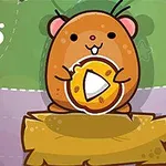Kreslený hnědý křeček s růžovými ušima drží plátek sýra na dřevěné desce s barevným pozadím
