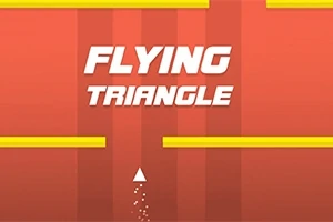 Bílý trojúhelník směřující nahoru na červeném pozadí s nápisem Flying Triangle a žlutými překážkami