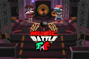 Dva animované postavy stojí na jevišti s reproduktory a nápisem Music Battle vpředu