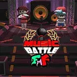 Dva animované postavy stojí na jevišti s reproduktory a nápisem Music Battle vpředu