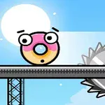 Barevný kreslený donut s obličejem na mostě před rotující pilou, s modrou oblohou a sluncem v pozadí