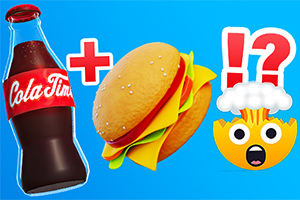 Lahev s nápisem „Cola Time“, hamburger a emodži s vybuchující hlavou na modrém pozadí