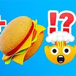 Lahev s nápisem „Cola Time“, hamburger a emodži s vybuchující hlavou na modrém pozadí