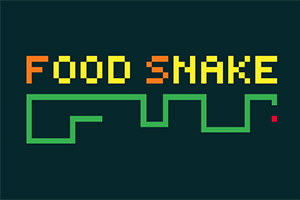 Barevný nápis FOOD SNAKE s pixely stylizovaným hadem ve tvaru linky na tmavém pozadí
