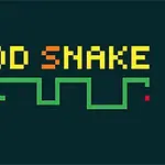 Barevný nápis FOOD SNAKE s pixely stylizovaným hadem ve tvaru linky na tmavém pozadí