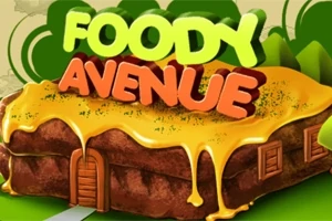 Nápis Foody Avenue ve veselých barvách nad budovou ve tvaru dortu pokrytou rozpuštěným sýrem