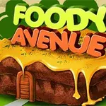 Nápis Foody Avenue ve veselých barvách nad budovou ve tvaru dortu pokrytou rozpuštěným sýrem