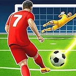 Fotbalista v červeném dresu střílí na branku, zatímco brankář ve žlutém skáče, aby chytil míč