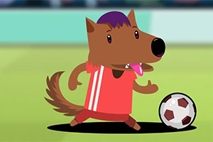 Kreslený vlk v červeném dresu hraje fotbal na hřišti