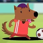 Kreslený vlk v červeném dresu hraje fotbal na hřišti