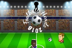 Dva kreslení fotbalisté na stadionu pod reflektory s nápisem Football Heads 2018 kolem fotbalového míče