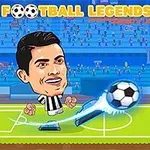 Karikaturní postavy dvou fotbalistů hrajících fotbal s velkou míčem na hřišti s tribunami v pozadí