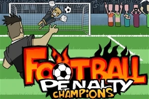 Hráč kopající penaltu na branku, kde brankář skáče po míči; na pozadí je vidět dav diváků a nápis Football Penalty Champions