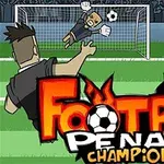 Hráč kopající penaltu na branku, kde brankář skáče po míči; na pozadí je vidět dav diváků a nápis Football Penalty Champions