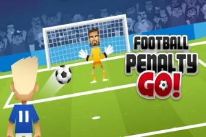 Fotbalista v modrém dresu a brankář v oranžovém stojí na hřišti před brankou, vedle nápis Football Penalty Go!