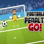 Fotbalista v modrém dresu a brankář v oranžovém stojí na hřišti před brankou, vedle nápis Football Penalty Go!