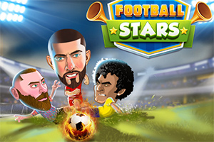 Dva karikovaní fotbalisté soupeří o hořící míč na stadionu s nápisem Football Stars nahoře