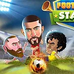 Dva karikovaní fotbalisté soupeří o hořící míč na stadionu s nápisem Football Stars nahoře