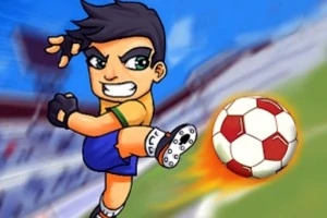 Karikaturistická postava s tmavými vlasy kope do fotbalového míče na rozmazaném pozadí stadionu