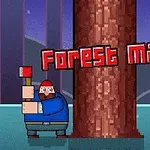 Dřevorubec v červené čepici stojí u stromu s nápisem Forest Man