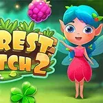 Kreslená víla s modrými vlasy stojí vedle loga Forest Match 2 obklopeného lesními prvky, jako jsou listy a ovoce