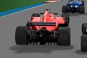 Červené závodní auto formule jede po okruhu, následované dalšími vozy
