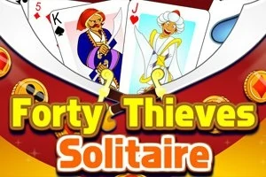 Kreslená postava krále a kluka na hracích kartách s textem Forty Thieves Solitaire a dekorativními prvky kolem