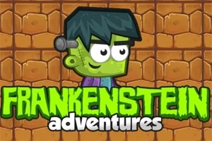 Zelená kreslená postavička Frankensteina s tmavými vlasy před cihlovou zdí a nápisem Frankenstein adventures