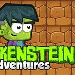 Zelená kreslená postavička Frankensteina s tmavými vlasy před cihlovou zdí a nápisem Frankenstein adventures
