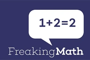 Bílá bublina s matematickým příkladem „1+2=2“ na tmavě modrém pozadí s nápisem „Freaking Math“
