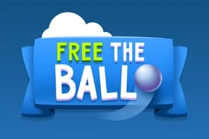Modré logo s nápisem FREE THE BALL a malou fialovou koulí na modrém pozadí