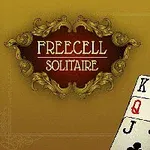 Dekorativní žlutohnědý rám s nápisem FREECELL SOLITAIRE a nakreslenými hracími kartami vpravo dole