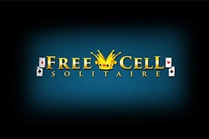 Text FreeCell Solitaire s motivem královské koruny uprostřed na modrém pozadí s obrácenými hracími kartami