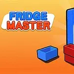 Modrá lednice s otevřenými dveřmi a jídlem uvnitř na oranžovém pozadí s nápisem Fridge Master vedle červené a modré krabice